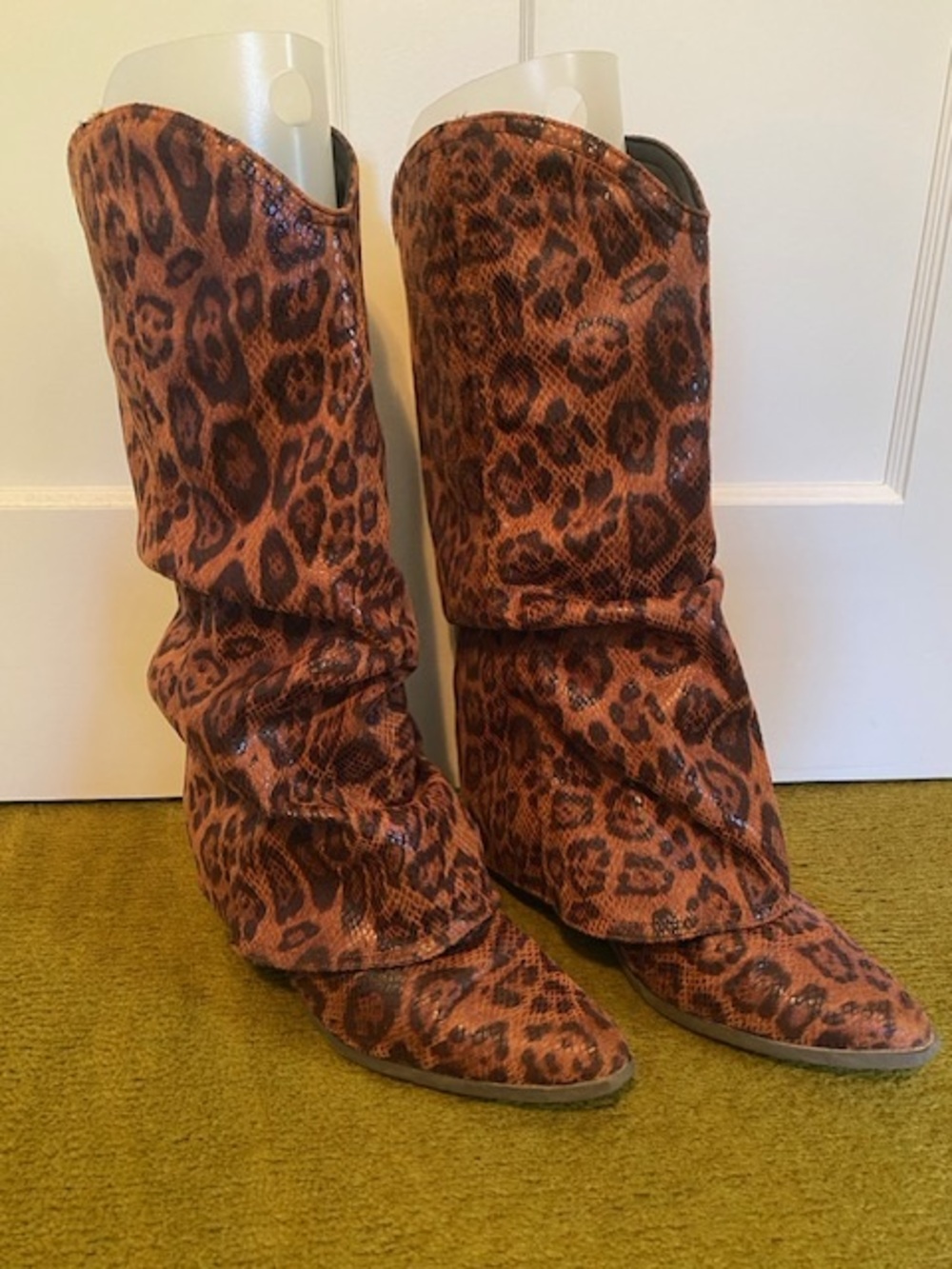Leopard Print Slouchy Women's Boots - Brown